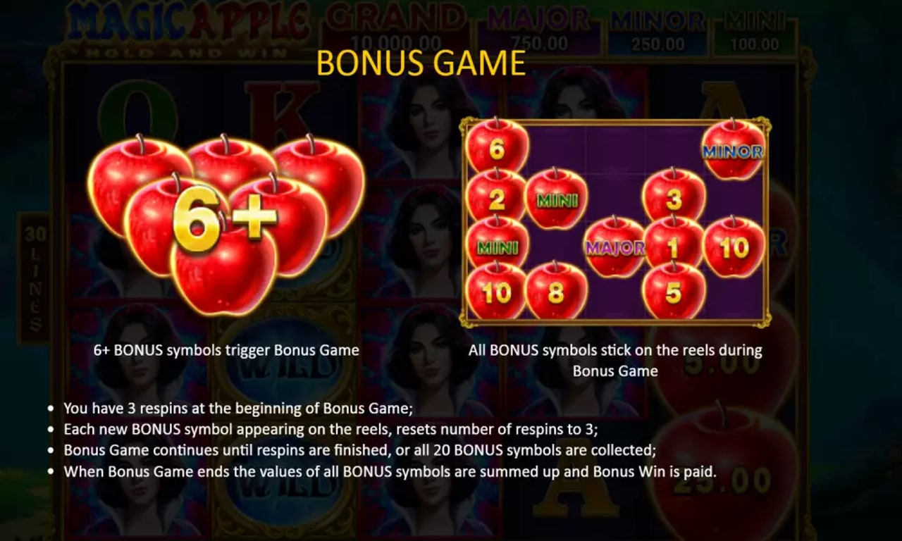 Magic Apple g‘ildiraklarida qizil Bonus olma belgilari naqd qiymat bilan yaqindan