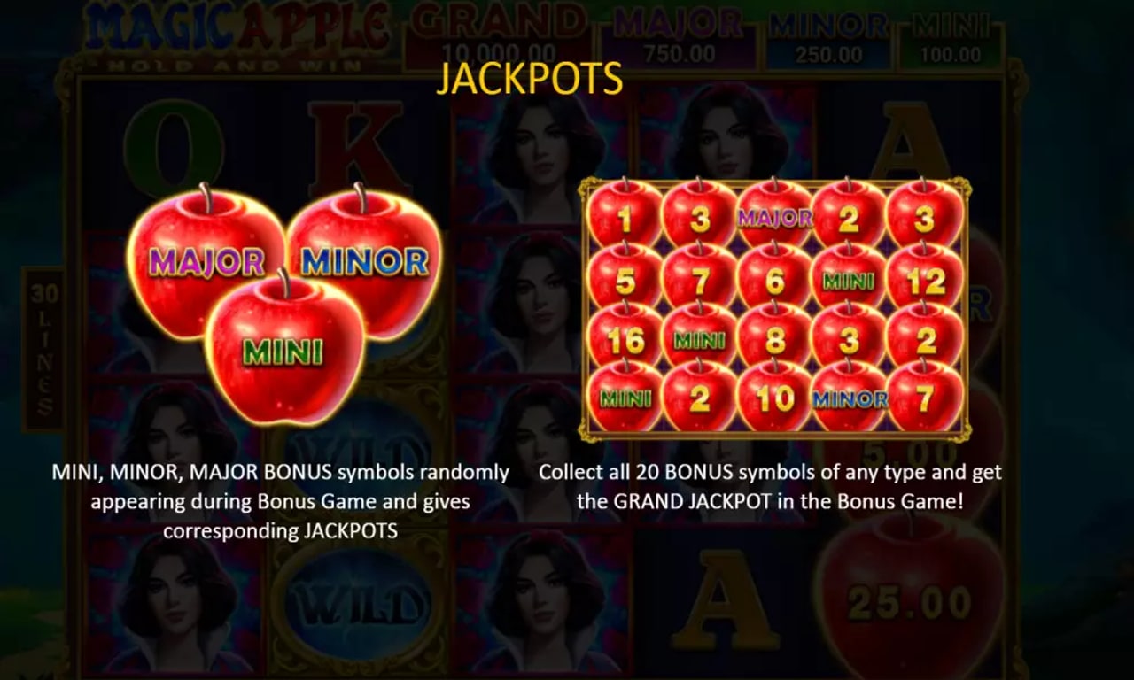 Magic Apple Grand jackpot: barcha 20 pozitsiya olma belgilari bilan to‘lgan ekran